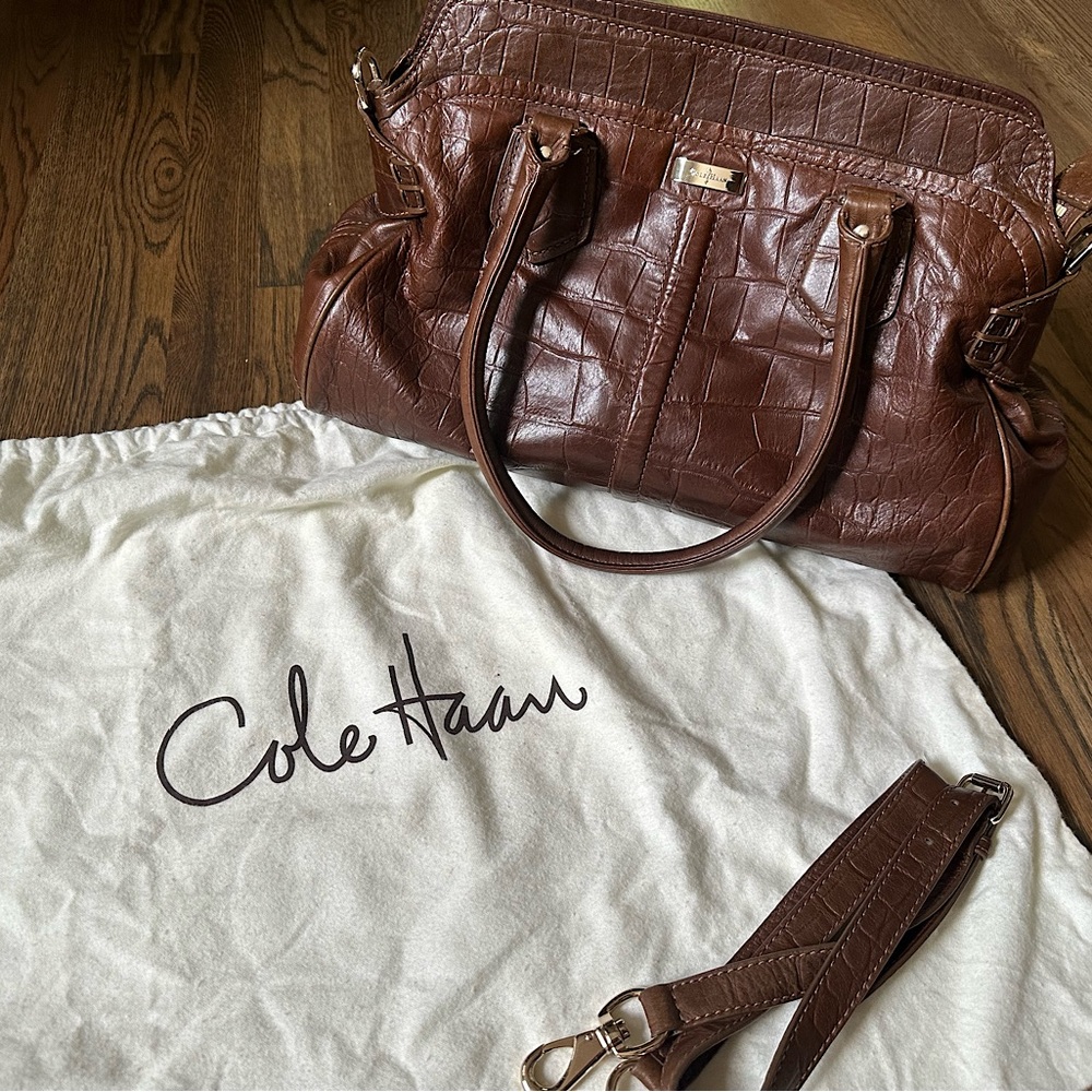 Cole Haan large brown leather crocodile embossed tote bag